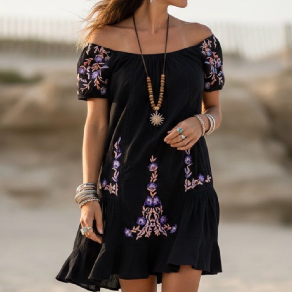 Free People Boho Black Floral Embroidered Off Shoulder Dress